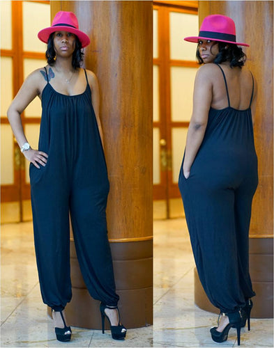 Black Shoulder Strap Jumpsuit with Pockets