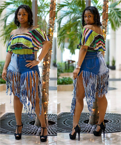 High Low Two Tone Fringe Denim Shorts