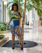 Load image into Gallery viewer, High Low Two Tone Fringe Denim Shorts