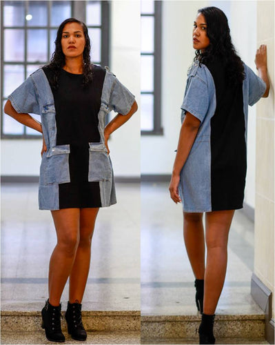 The Denim Half and Half Dress w/Pockets